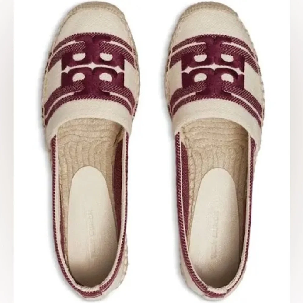 Tory Burch DOUBLET JACQUARD ESPADRILLE STRIPE LOGO Women's Burgundy and Cream 9